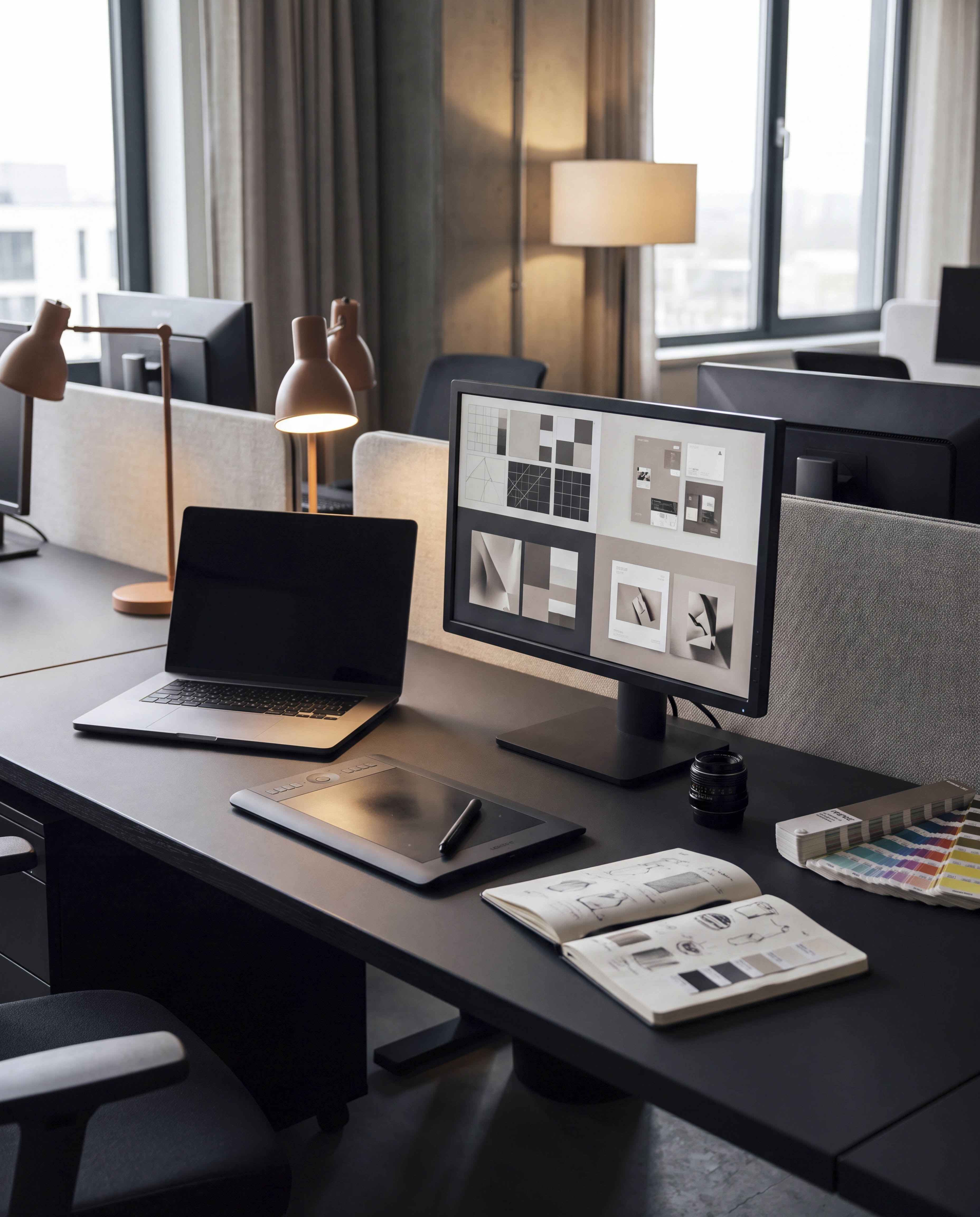http://Monitör,%20dizüstü%20bilgisayar,%20grafik%20tablet,%20eskiz%20defteri%20ve%20renk%20kartelası%20bulunan%20çalışma%20masası
