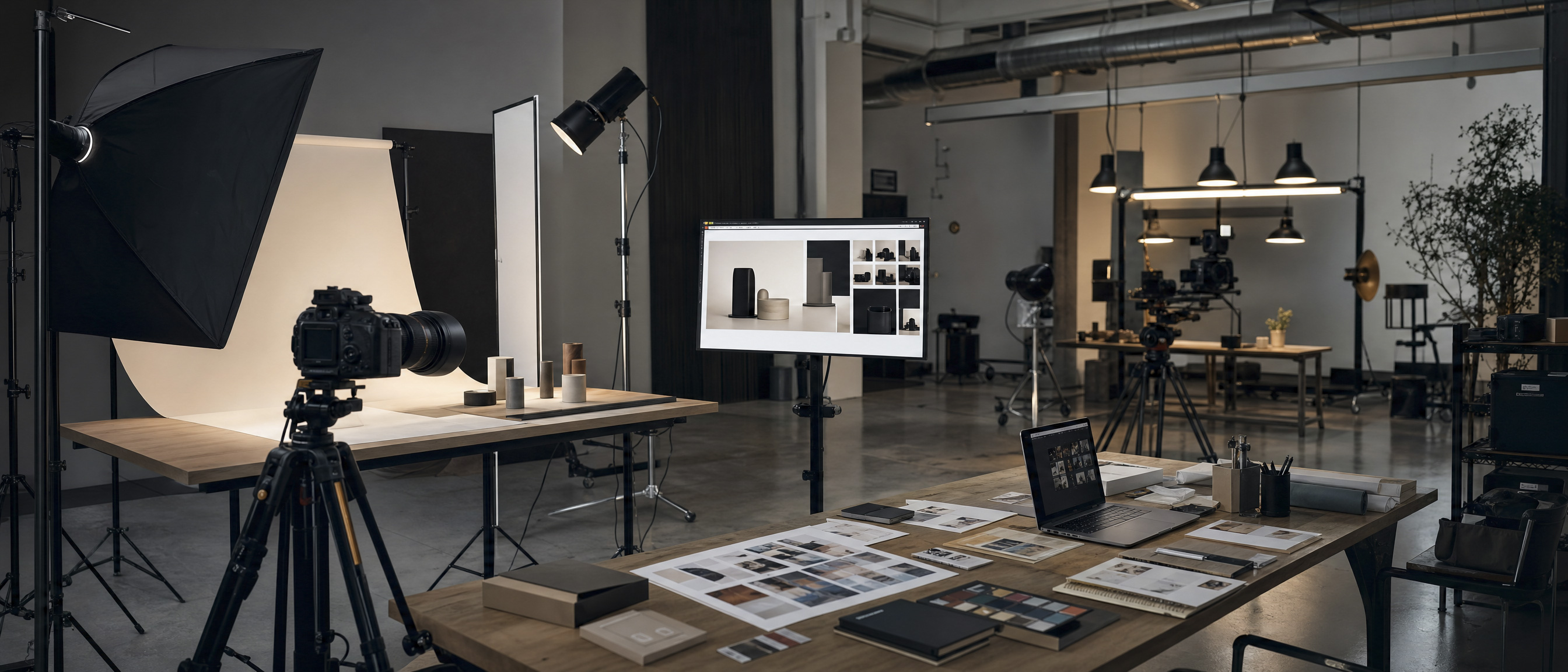 http://Ürün%20çekimi%20için%20kamera,%20softbox%20ışıklar%20ve%20monitör%20bulunan%20fotoğraf%20stüdyosu